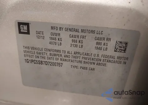 2013 Chevrolet Cruze 1Lt Auto from USA, damaged, VIN 1G1PC5SB7D7200767